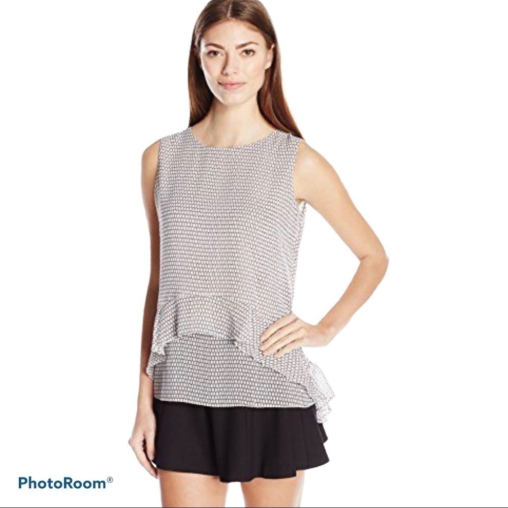 Ellen Tracy Brown White Geometric Flounce Ruffle Hem Sleeveless Blouse M